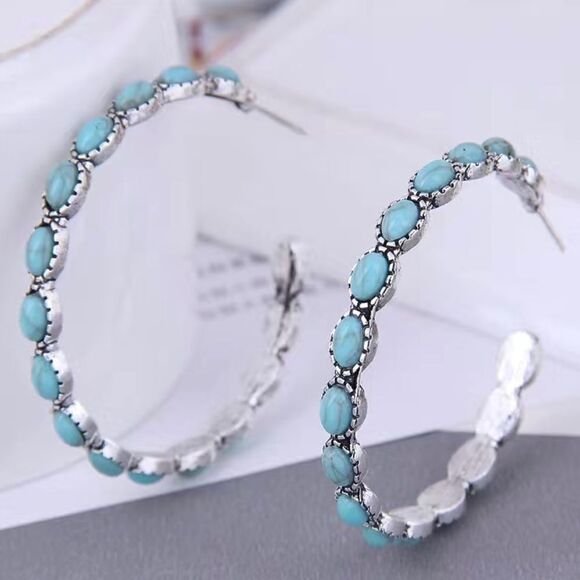 TURQUOISE BOHEMIAN HOOP EARRINGS - Picture 1 of 1